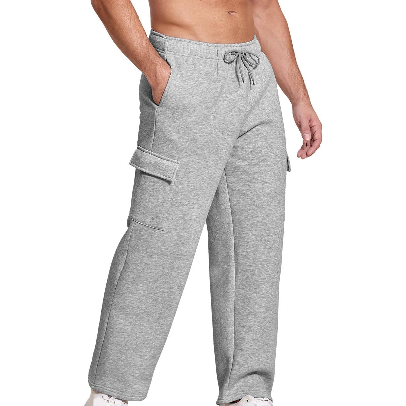 Men's cargo joggers in black with flap side pockets and a relaxed straight leg