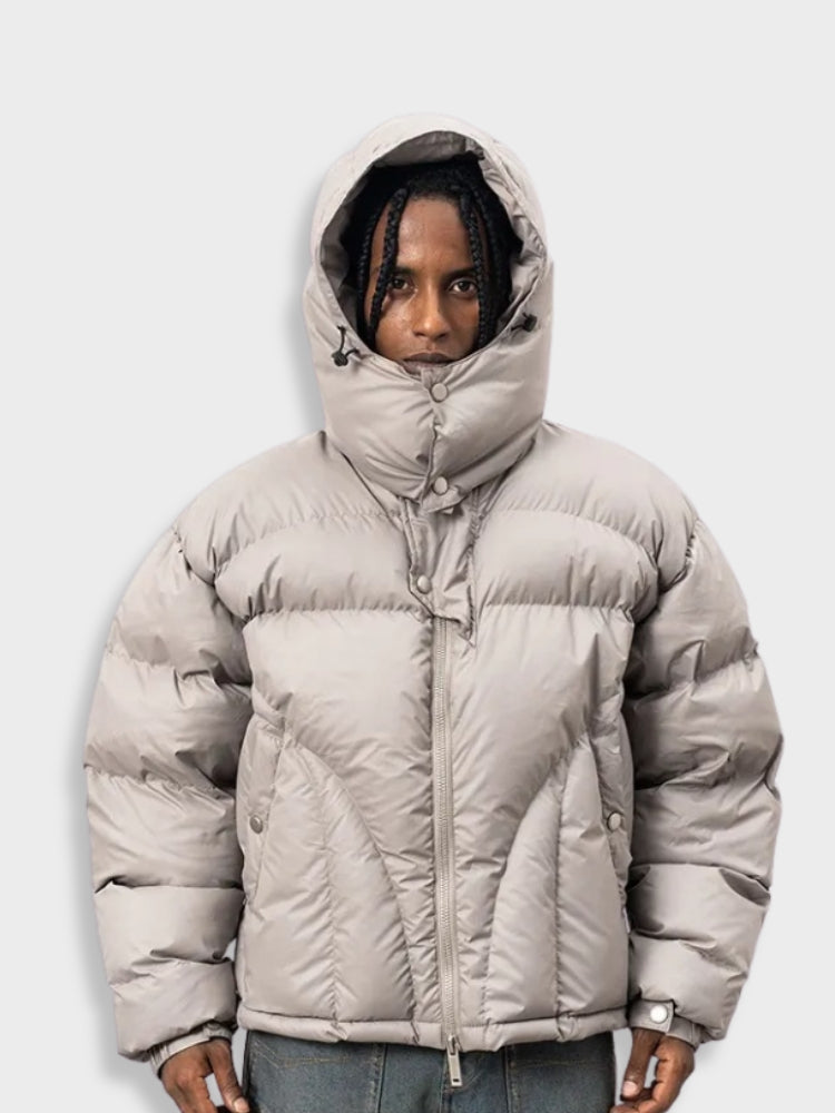 Men's Cropped Hooded Puffer Winter Jacket in Stone