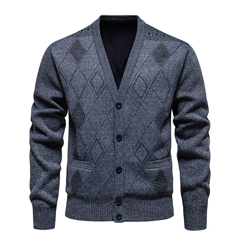 Men's Diamond Knit V-Neck Cardigan in Light Grey