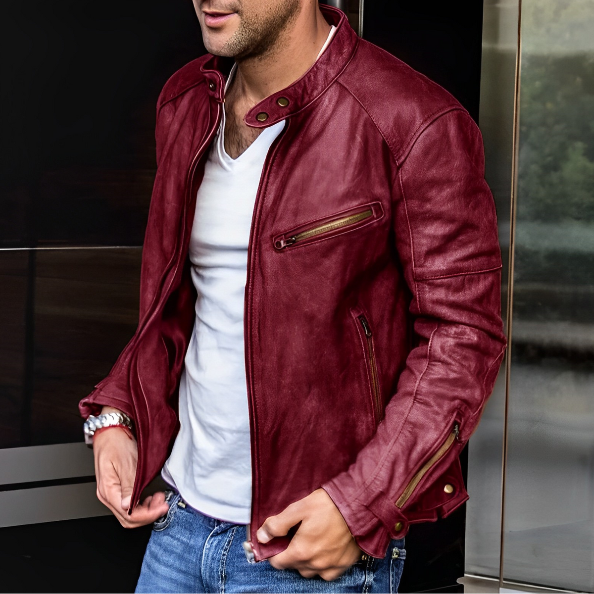 Men's Distressed Faux Leather Jacket in Burgundy