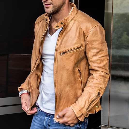 Men's Distressed Faux Leather Jacket in Tan