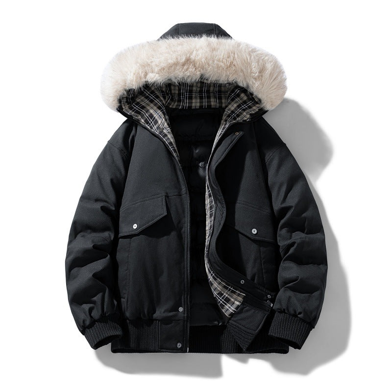 Men's Faux Fur Hood Bomber Winter Jacket in Black