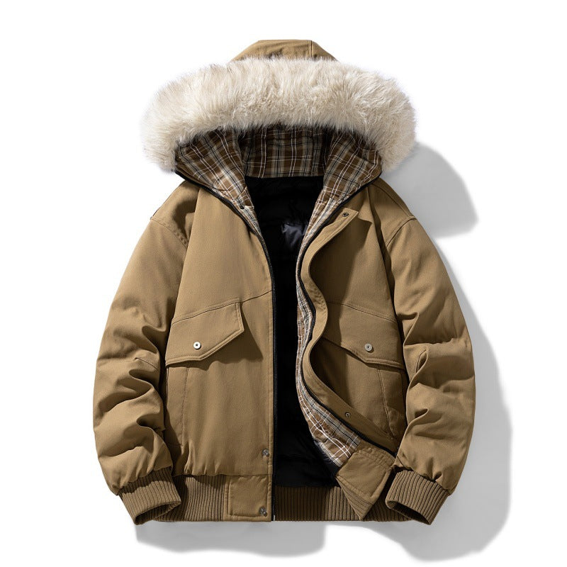 Men's Faux Fur Hood Bomber Winter Jacket in Camel
