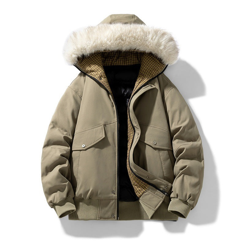 Men's Faux Fur Hood Bomber Winter Jacket in Khaki