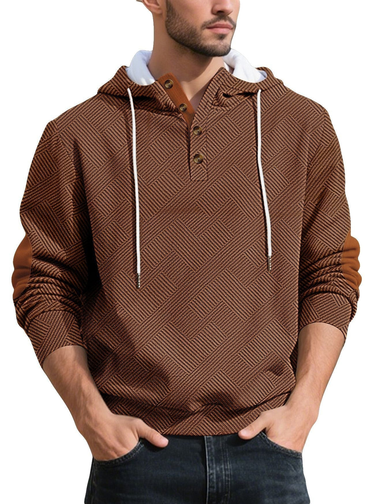 Men's Henley Button Hoodie in Brown