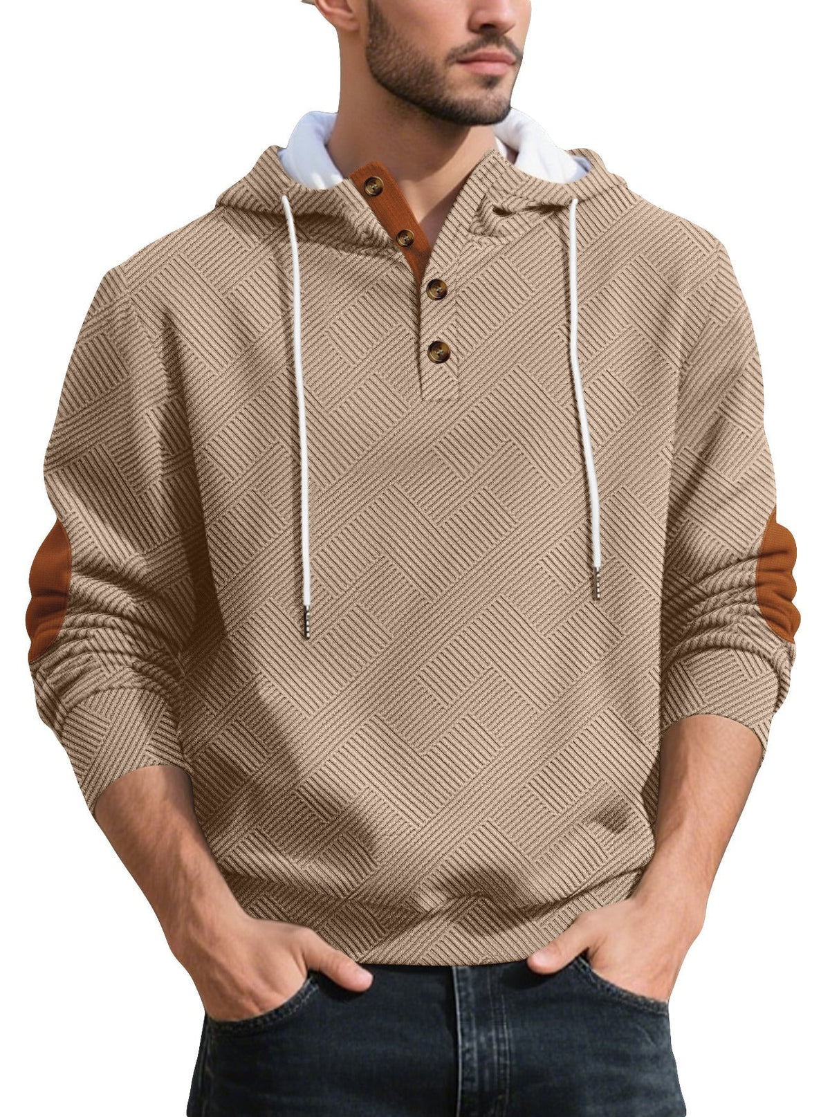 Men's Henley Button Hoodie in Khaki