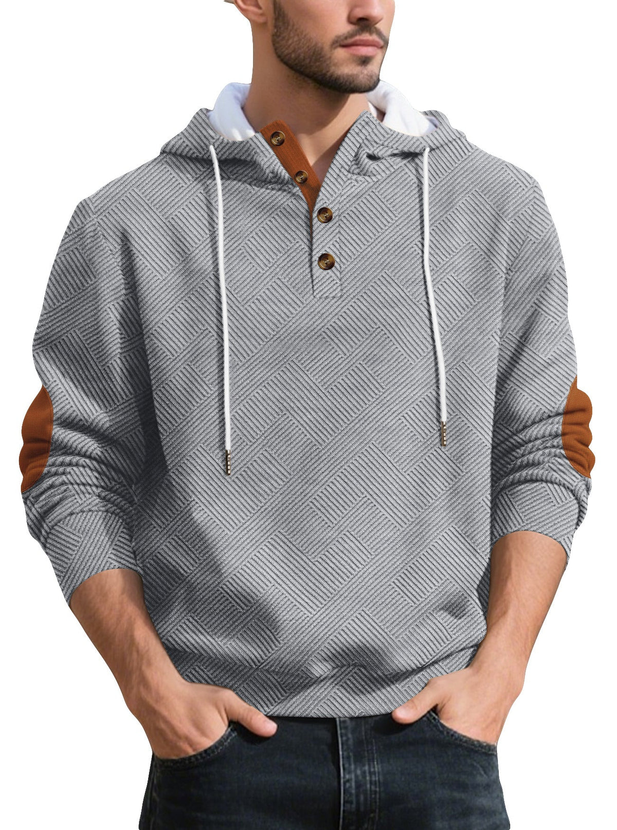 Men's Henley Button Hoodie in Light Grey