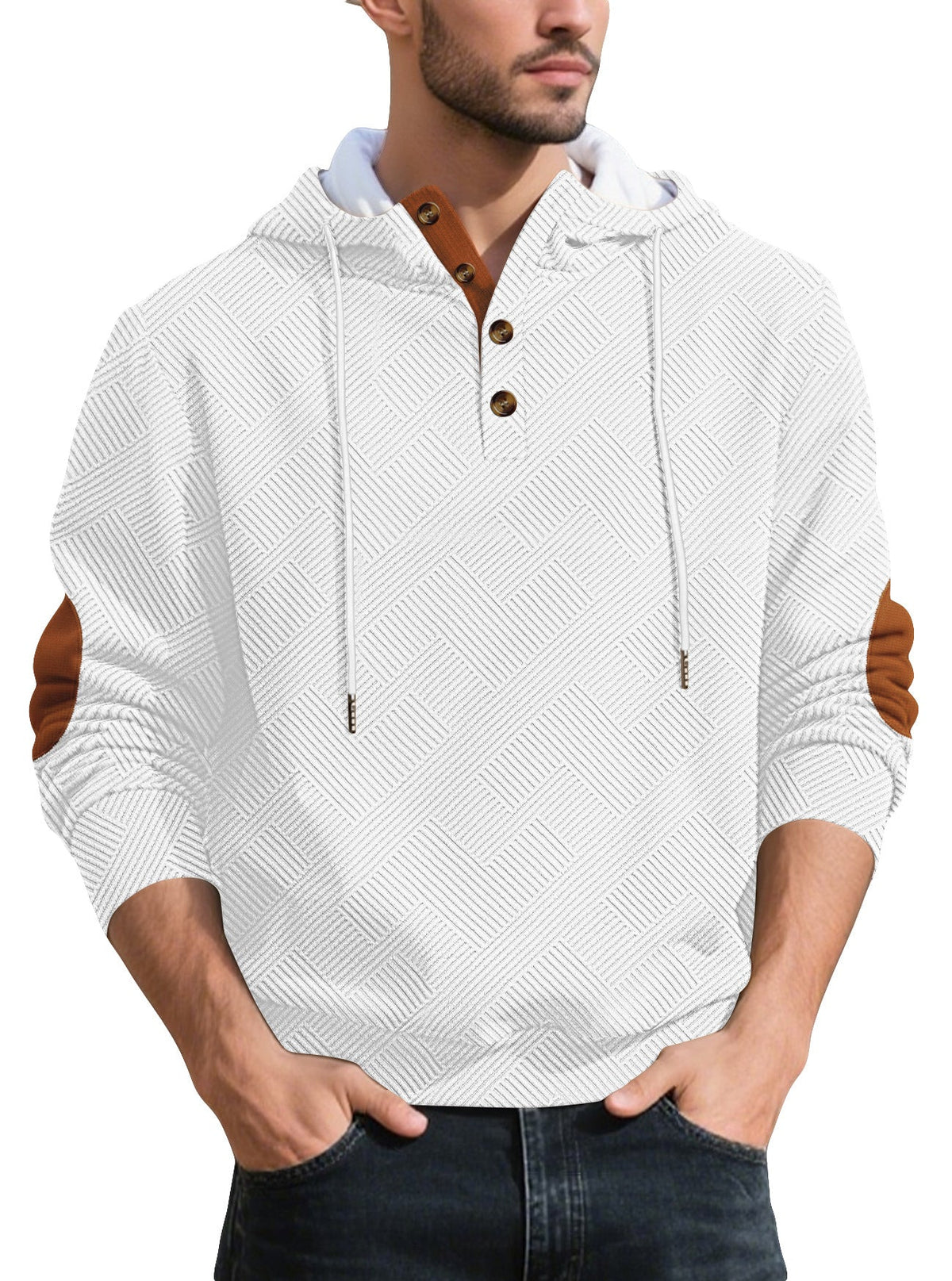 Men's Henley Button Hoodie in White
