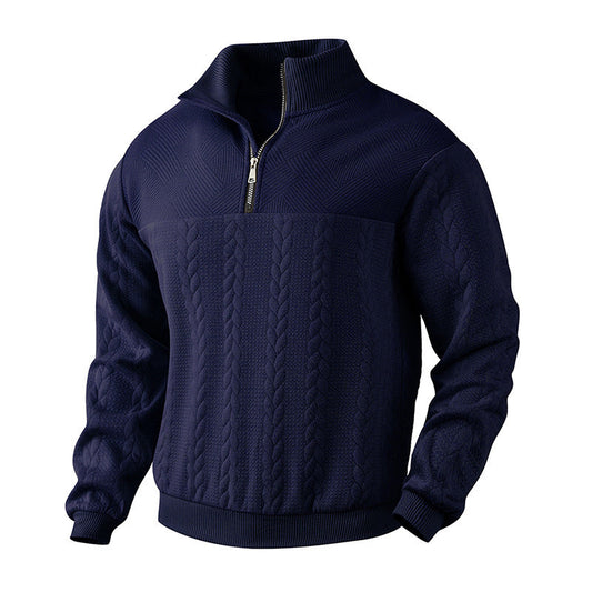 Men's High Collar Cable Sweater in Navy