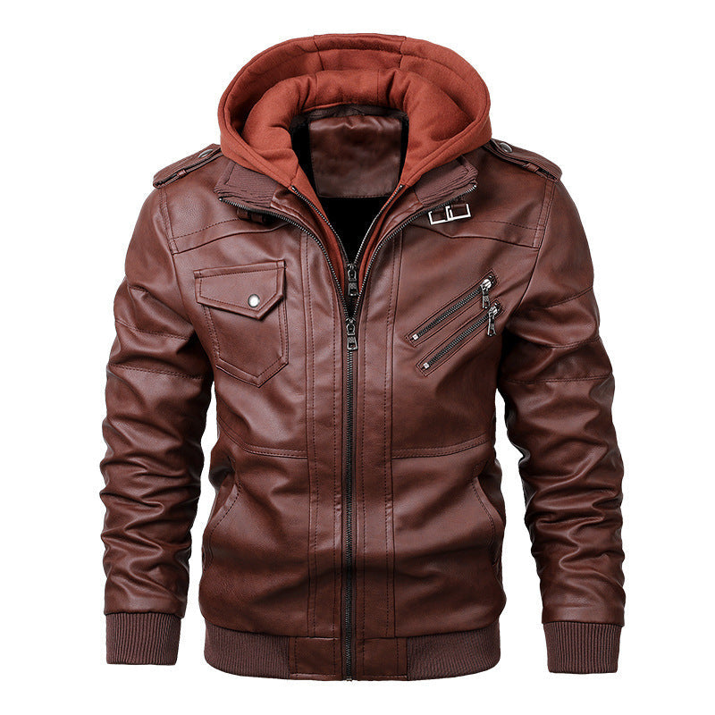 Men's Hooded Biker Faux Leather Jacket