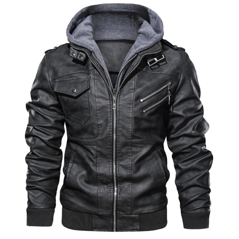 Men's Hooded Biker Faux Leather Jacket in Black