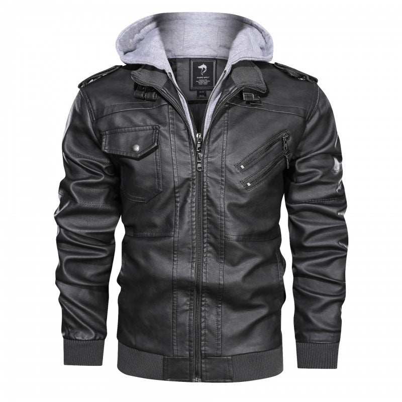 Men's Hooded Biker Faux Leather Jacket in Black (Grey Hood)