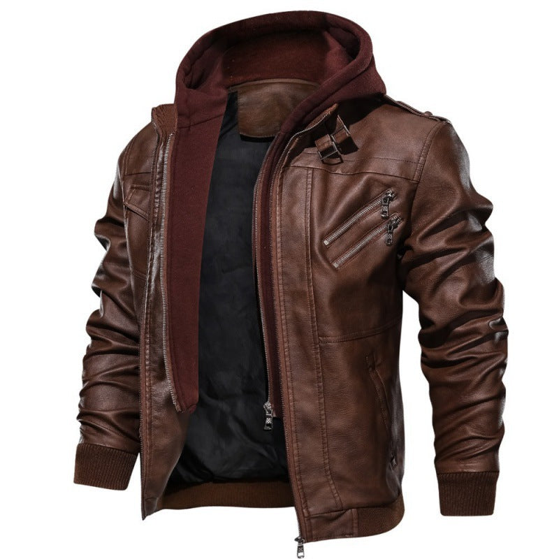 Men's Hooded Biker Faux Leather Jacket in Coffee Brown