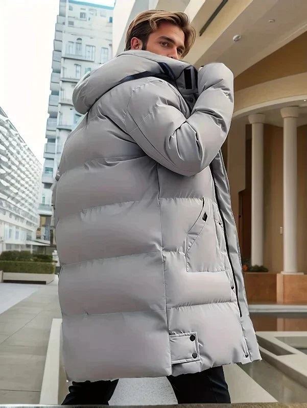 Men's Knee Length Puffer Winter Jacket in Light Grey