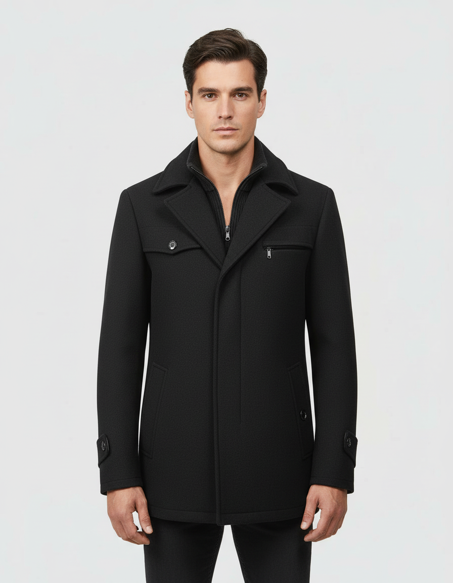 Men's Layered Collar Winter Jacket in Black