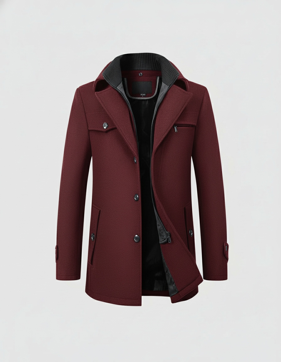 Men's Layered Collar Winter Jacket in Burgundy