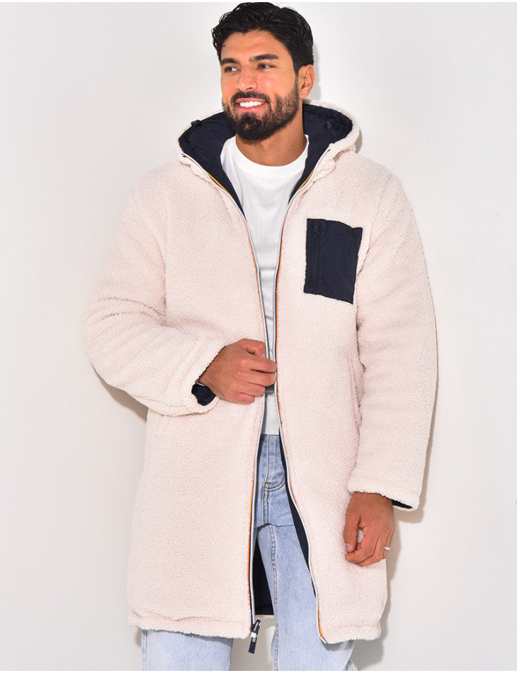 Men's Long Hooded Winter Coat in Beige
