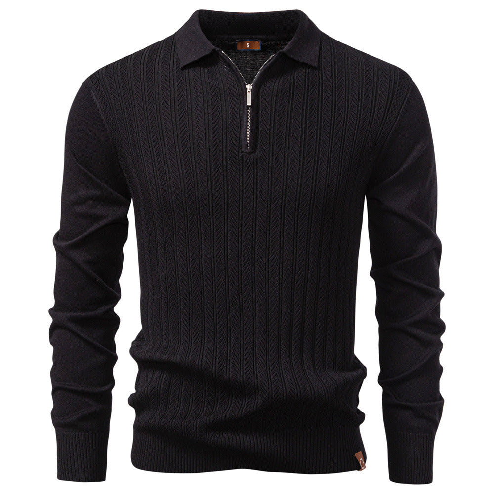 Men's Quarter Zip Polo Sweater in Black