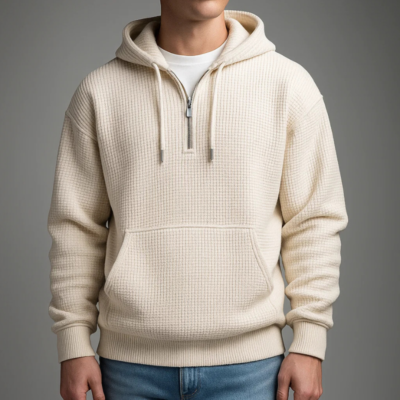 Men's Quarter Zip Waffle Hoodie in Beige