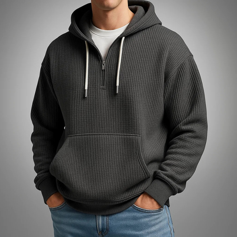 Men's Quarter Zip Waffle Hoodie in Charcoal Grey