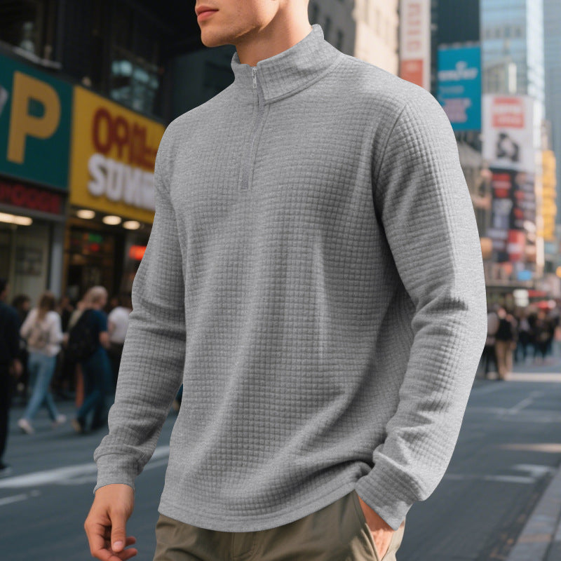 Men's Quarter Zip Waffle Sweater in Light Grey