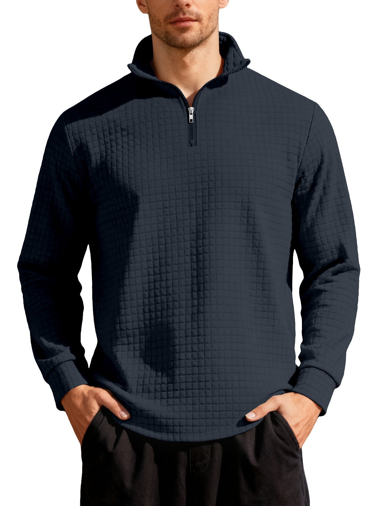 Men's Quarter Zip Waffle Sweater in Navy