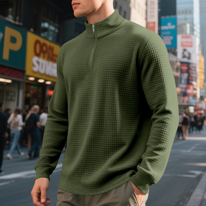 Men's Quarter Zip Waffle Sweater in Olive Green