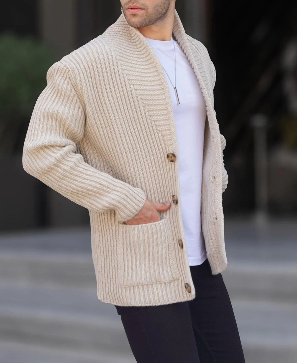 Men's Shawl Collar Cardigan in Beige
