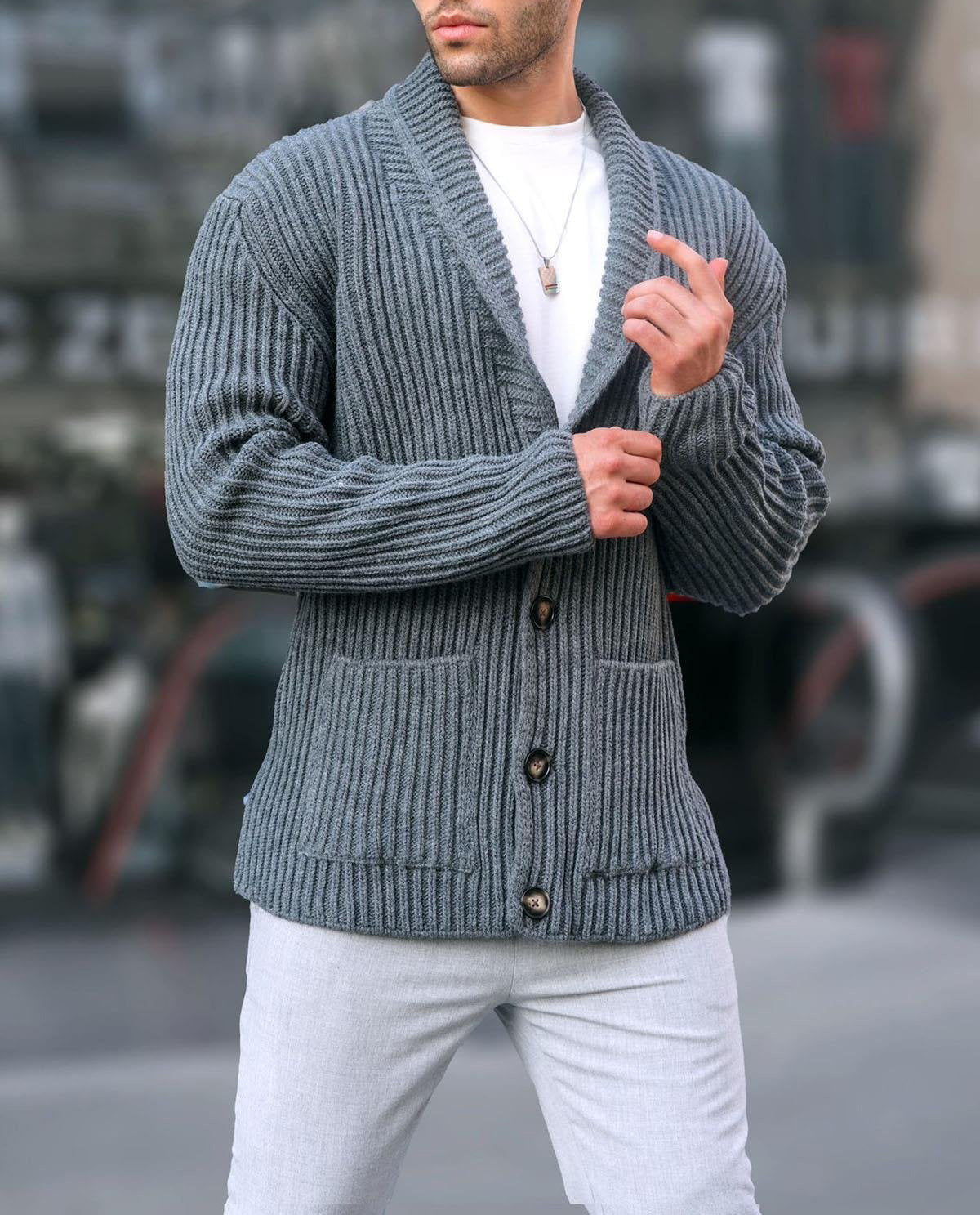 Men's Shawl Collar Cardigan in Blue Grey
