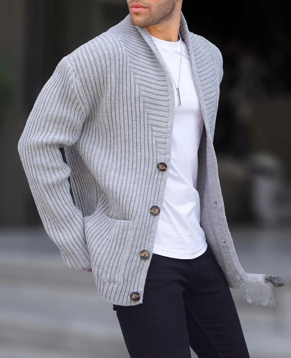 Men's Shawl Collar Cardigan in Light Grey