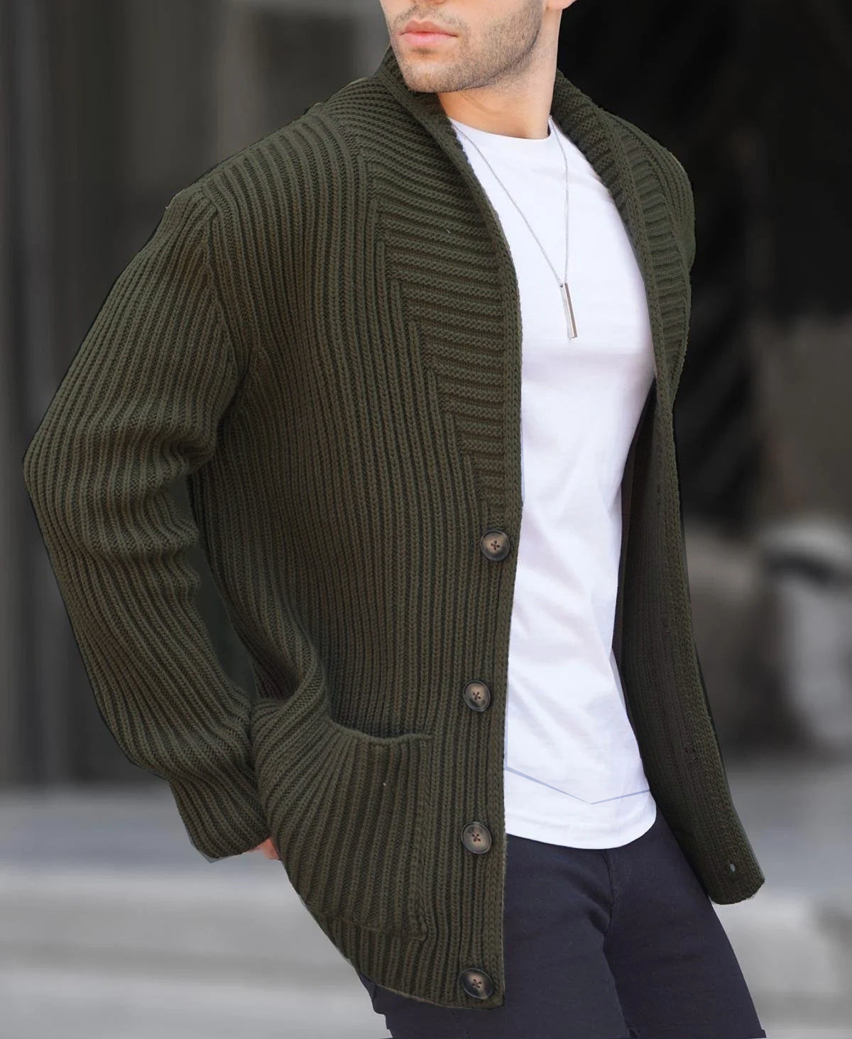 Men's Shawl Collar Cardigan in Military Green
