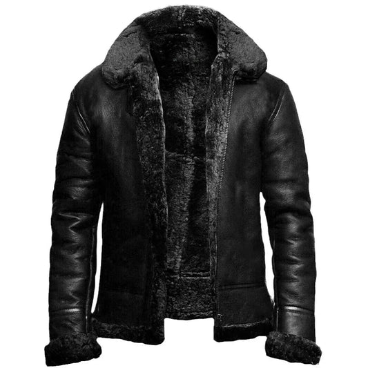 Men's Shearling Leather Winter Coat in Black