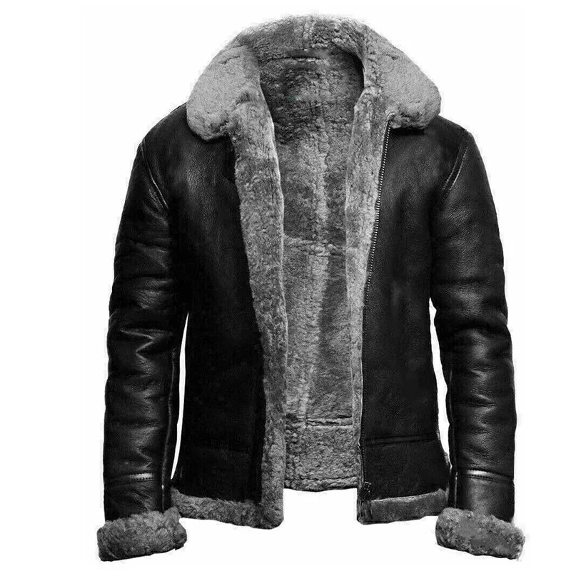 Men's Shearling Leather Winter Coat in Grey