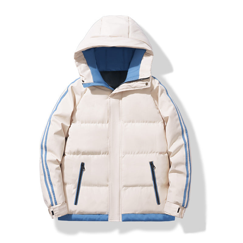Men's Striped Sleeve Puffer Winter Jacket in Cream