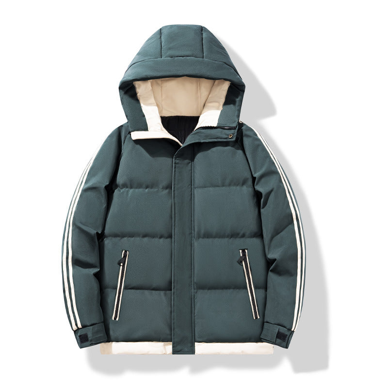 Men's Striped Sleeve Puffer Winter Jacket in Dark Green