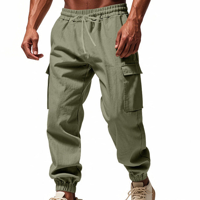 Men's tapered utility joggers in black with flap thigh pockets and elasticated cuffs