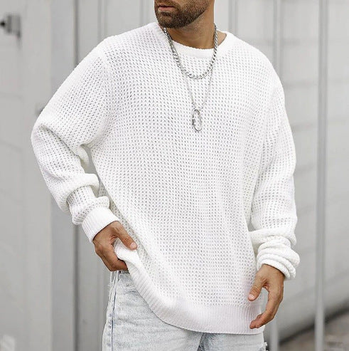 Men's Waffle Crew Neck Sweater in White
