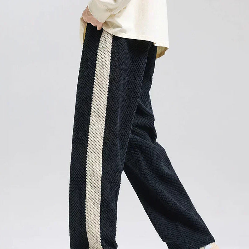 Men's waffle knit joggers in grey with contrast side stripes and drawstring waist