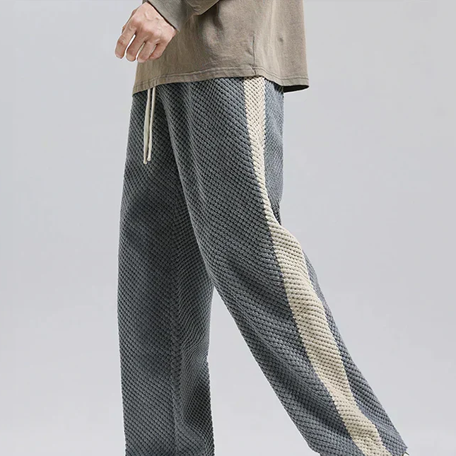 Men's waffle knit joggers in grey with contrast side stripes and drawstring waist