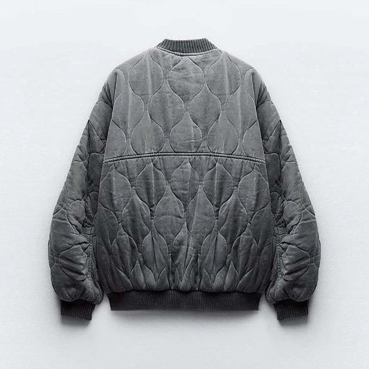 Grey oversized bomber jacket with long sleeves and a roomy relaxed shape