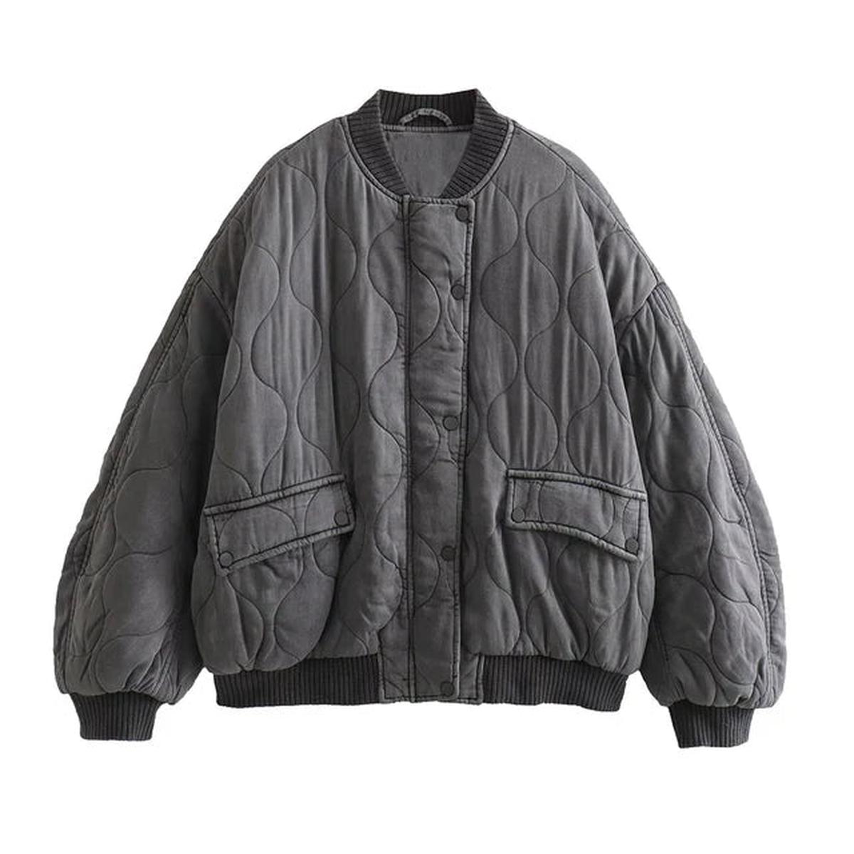 Grey oversized bomber jacket with long sleeves and a roomy relaxed shape