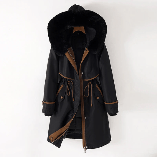 Green padded winter parka with a faux fur collar and an adjustable waist