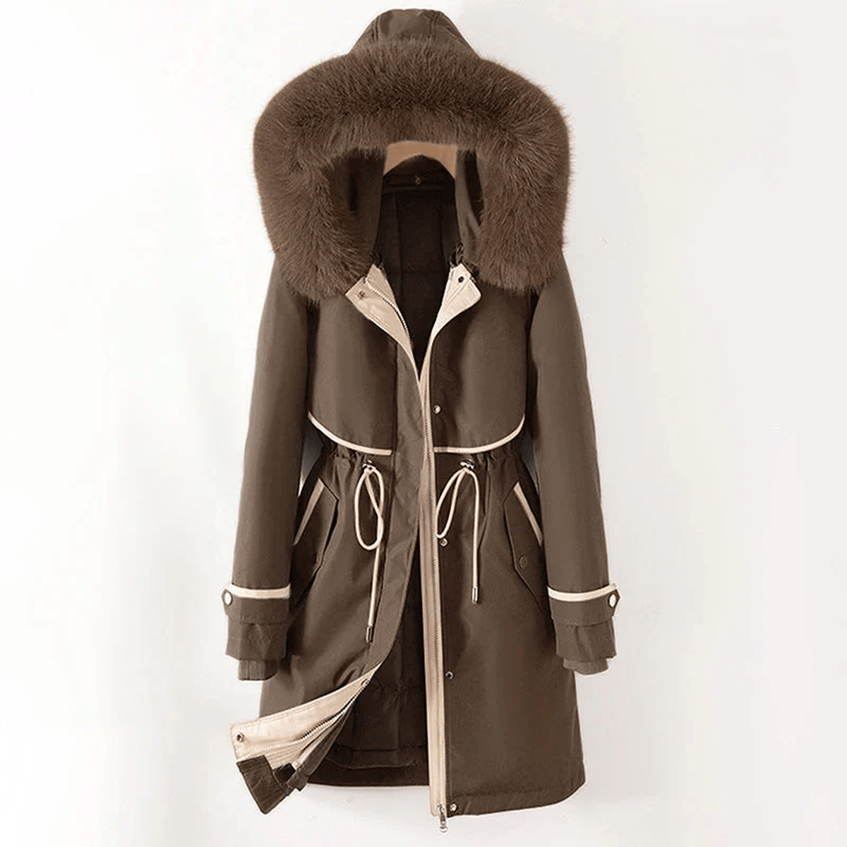 Green padded winter parka with a faux fur collar and an adjustable waist