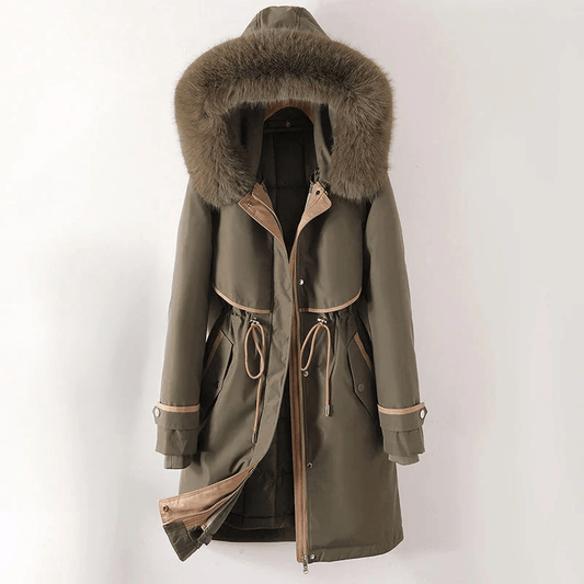 Green padded winter parka with a faux fur collar and an adjustable waist