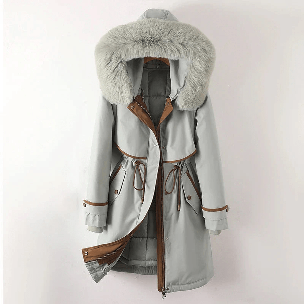 Green padded winter parka with a faux fur collar and an adjustable waist
