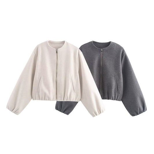 Cream bomber jacket with puff sleeves, high collar and side pockets