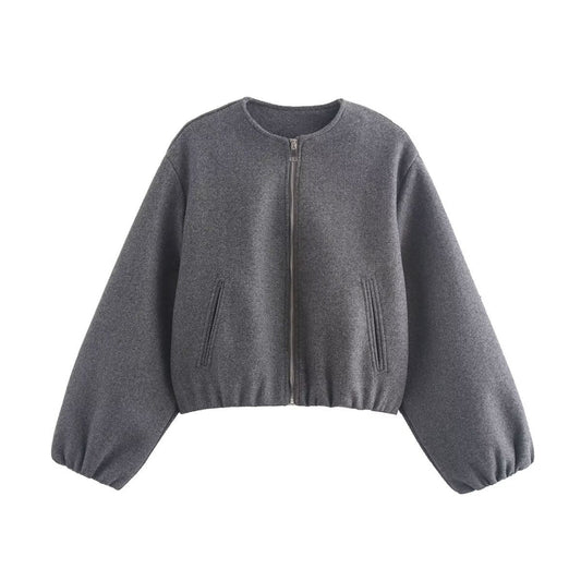 Cream bomber jacket with puff sleeves, high collar and side pockets