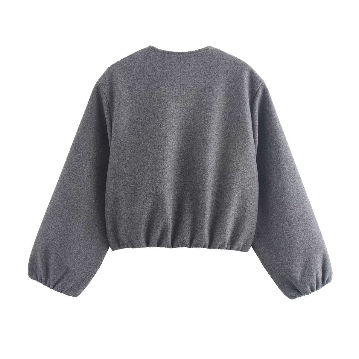 Cream bomber jacket with puff sleeves, high collar and side pockets
