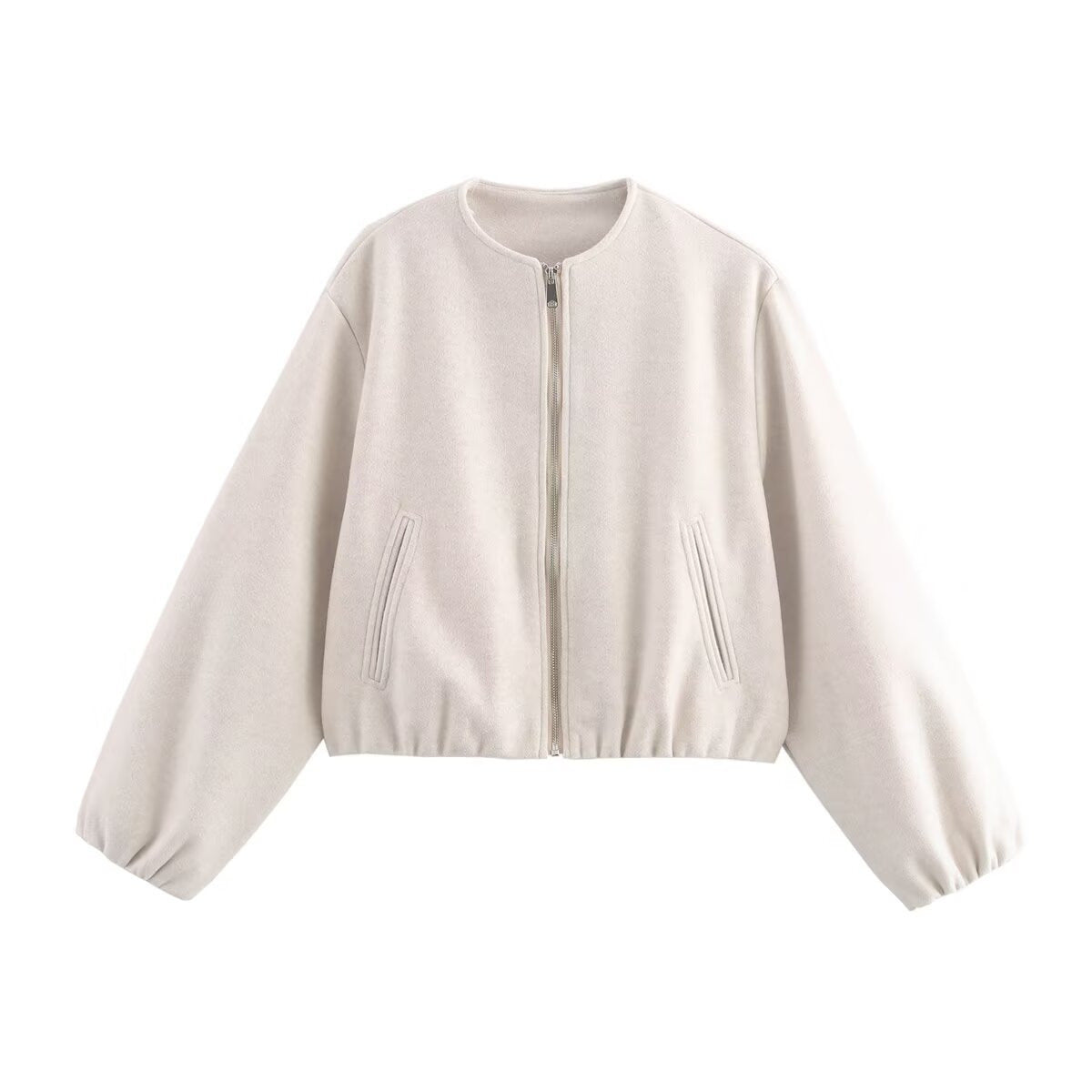 Cream bomber jacket with puff sleeves, high collar and side pockets