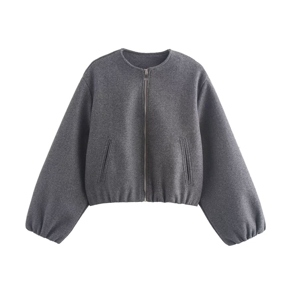 Cream bomber jacket with puff sleeves, high collar and side pockets